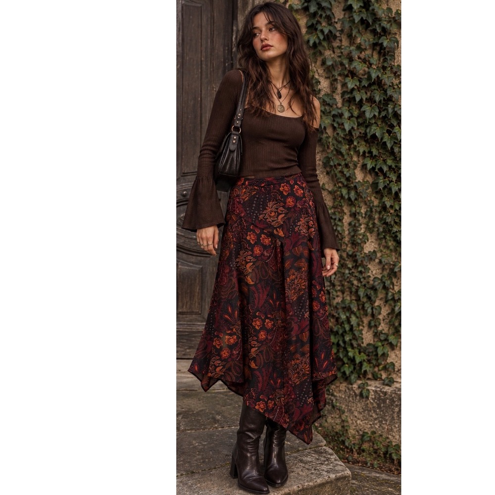 Coldwater Creek Paisley Asymmetrical Midi Skirt XS Whimsigoth 90s Witchy Fairy